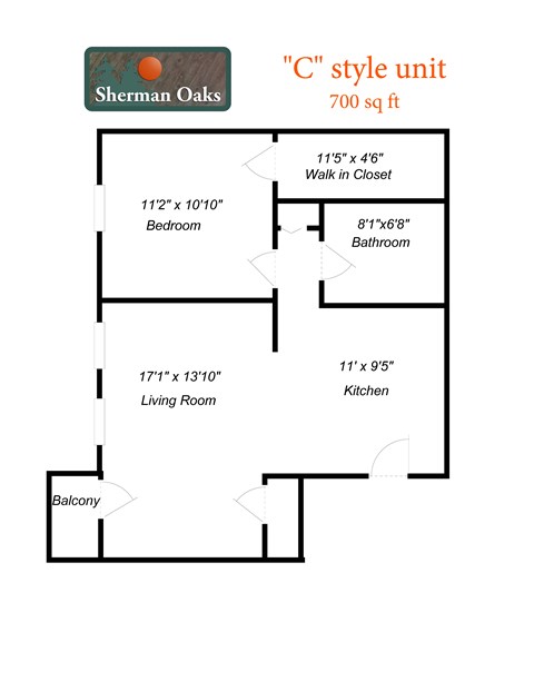 A diagram of a floor plan for a 700 sq ft "C" style unit by Sherman Oaks.